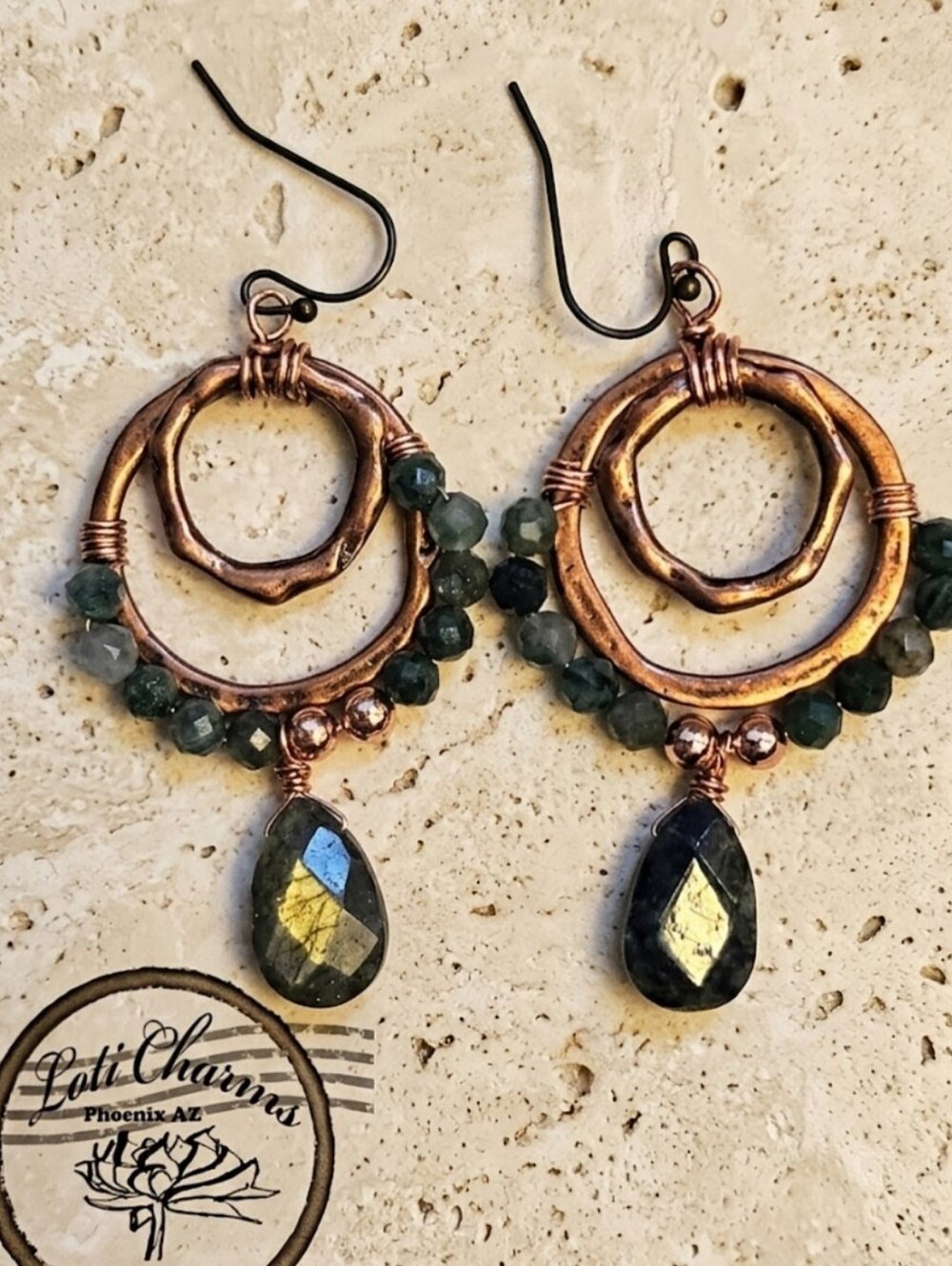 Genuine Green Emerald Drop & Stones In Geometric Artisan Design Copper Earrings